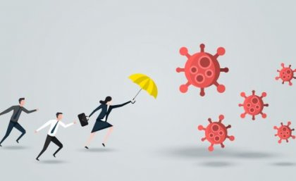 Research found female leaders acted promptly and decisively and were more risk-averse. Adobe Artistic drawing of woman running towards Covid-19 molecules ahead of two men. Adobe.